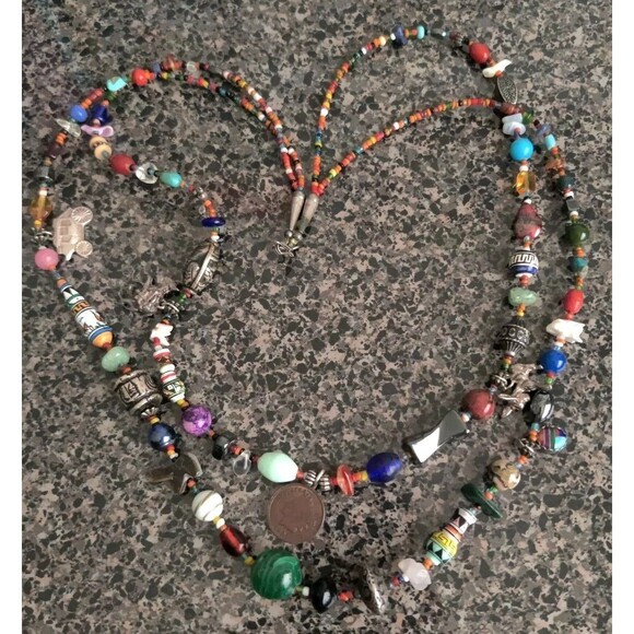 2 Strand Native American Fetish Treasure Necklace Bead Stone Figures IndianPenny